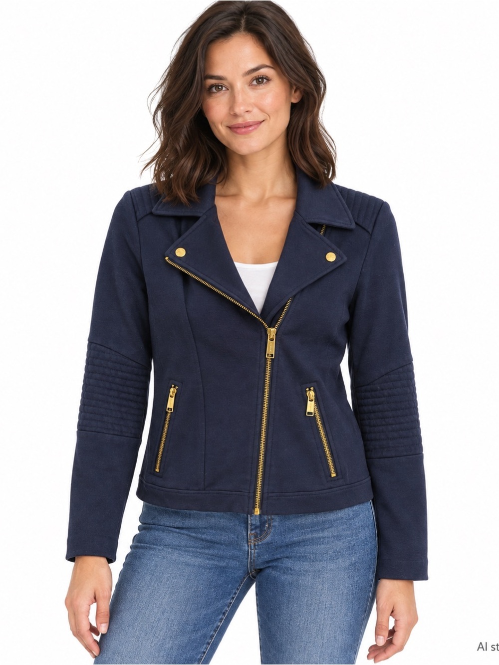MICHAEL Michael Kors Navy Knit Moto Jacket Small Gold Zippers